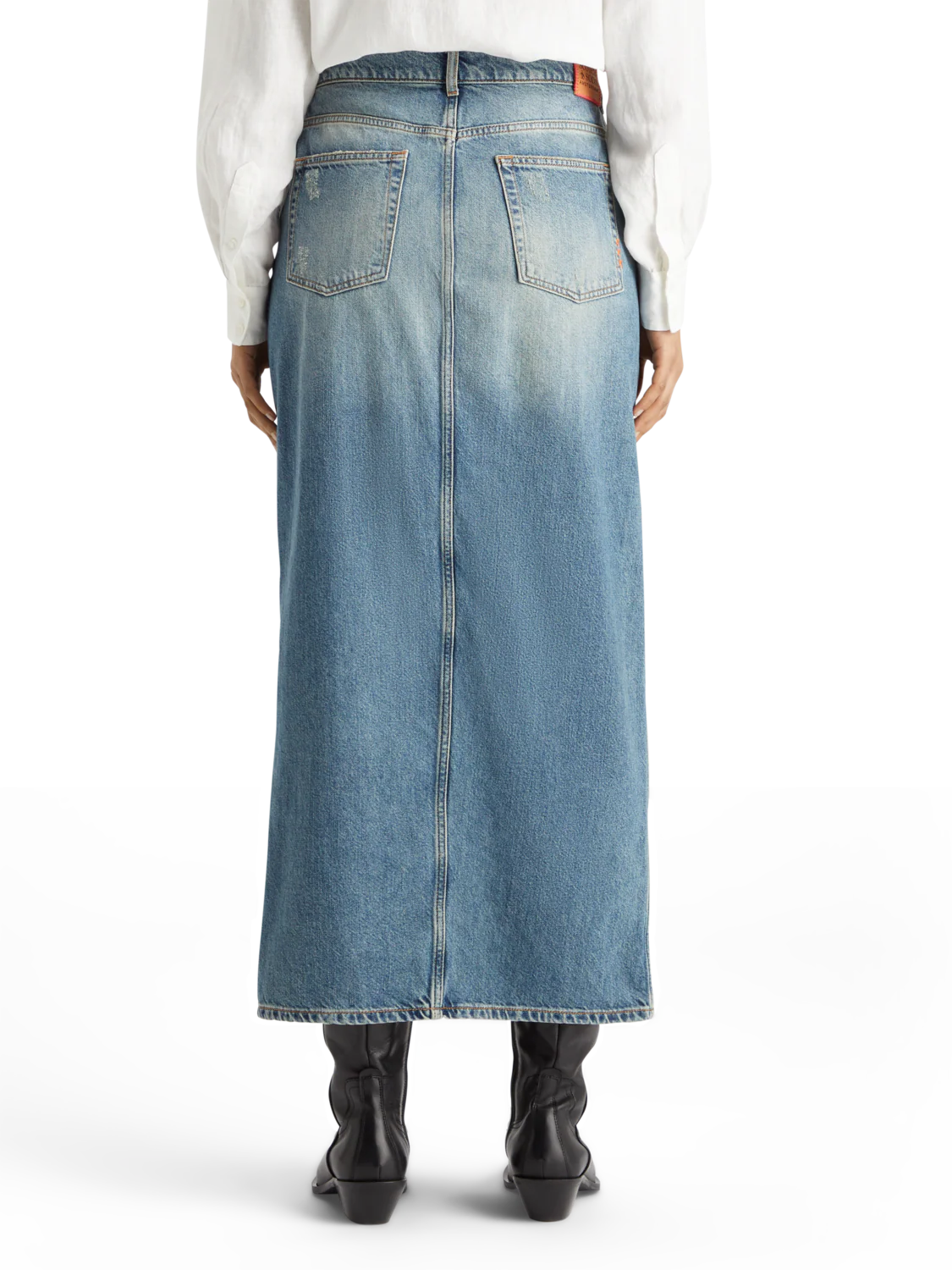 Long vintage washed denim skirt with front split - Image 2