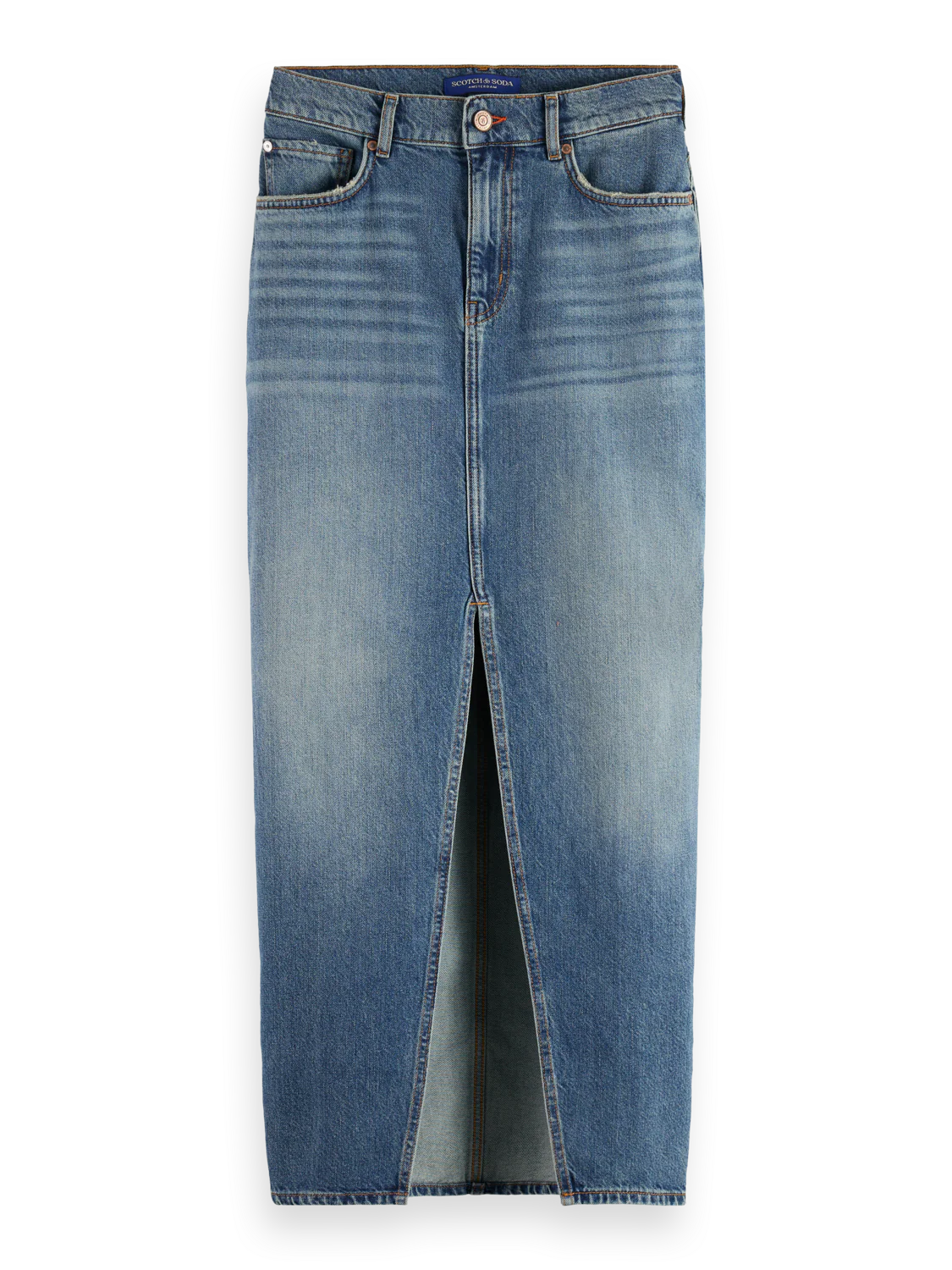 Long vintage washed denim skirt with front split - Image 3