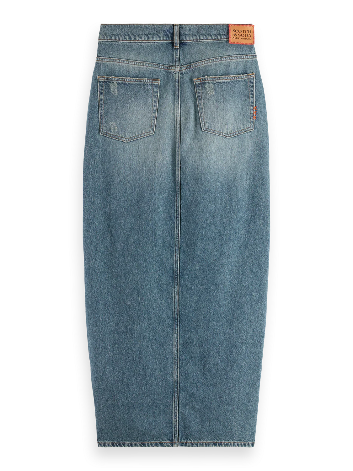 Long vintage washed denim skirt with front split - Image 4