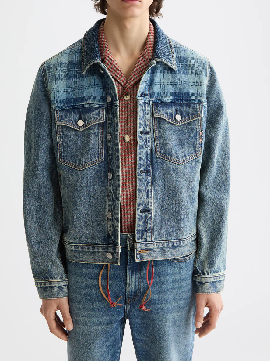 Denim trucker jacket with contrast check panelling