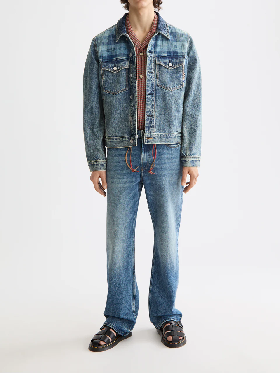 Denim trucker jacket with contrast check panelling - Image 2