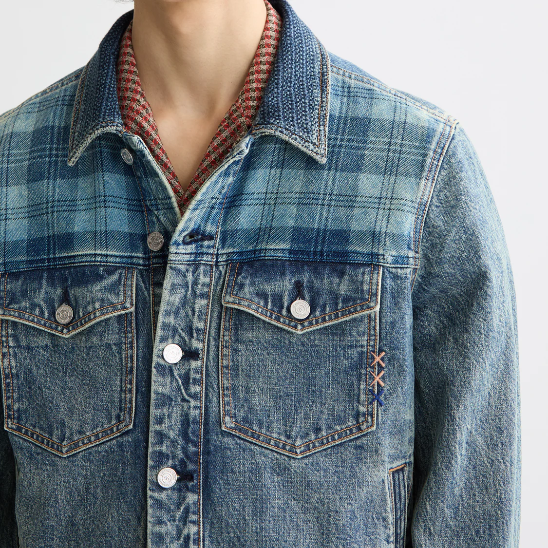 Denim trucker jacket with contrast check panelling - Image 3