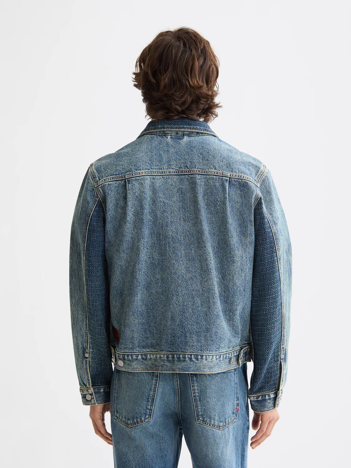 Denim trucker jacket with contrast check panelling - Image 4