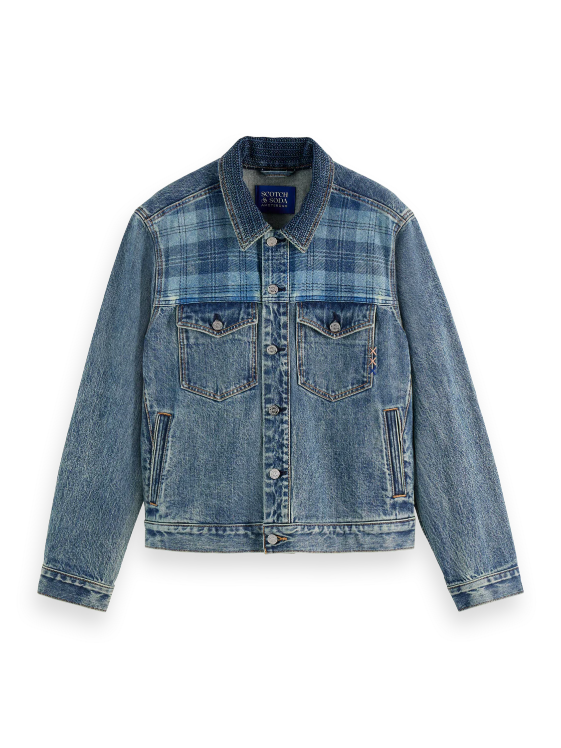 Denim trucker jacket with contrast check panelling - Image 5