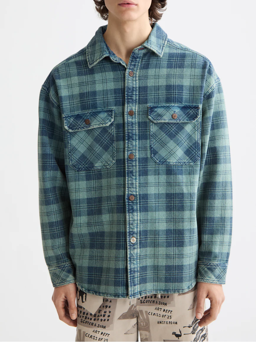 Washed denim checked overshirt - Image 8
