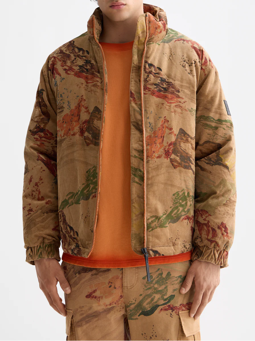 Mountain print corduroy puffer