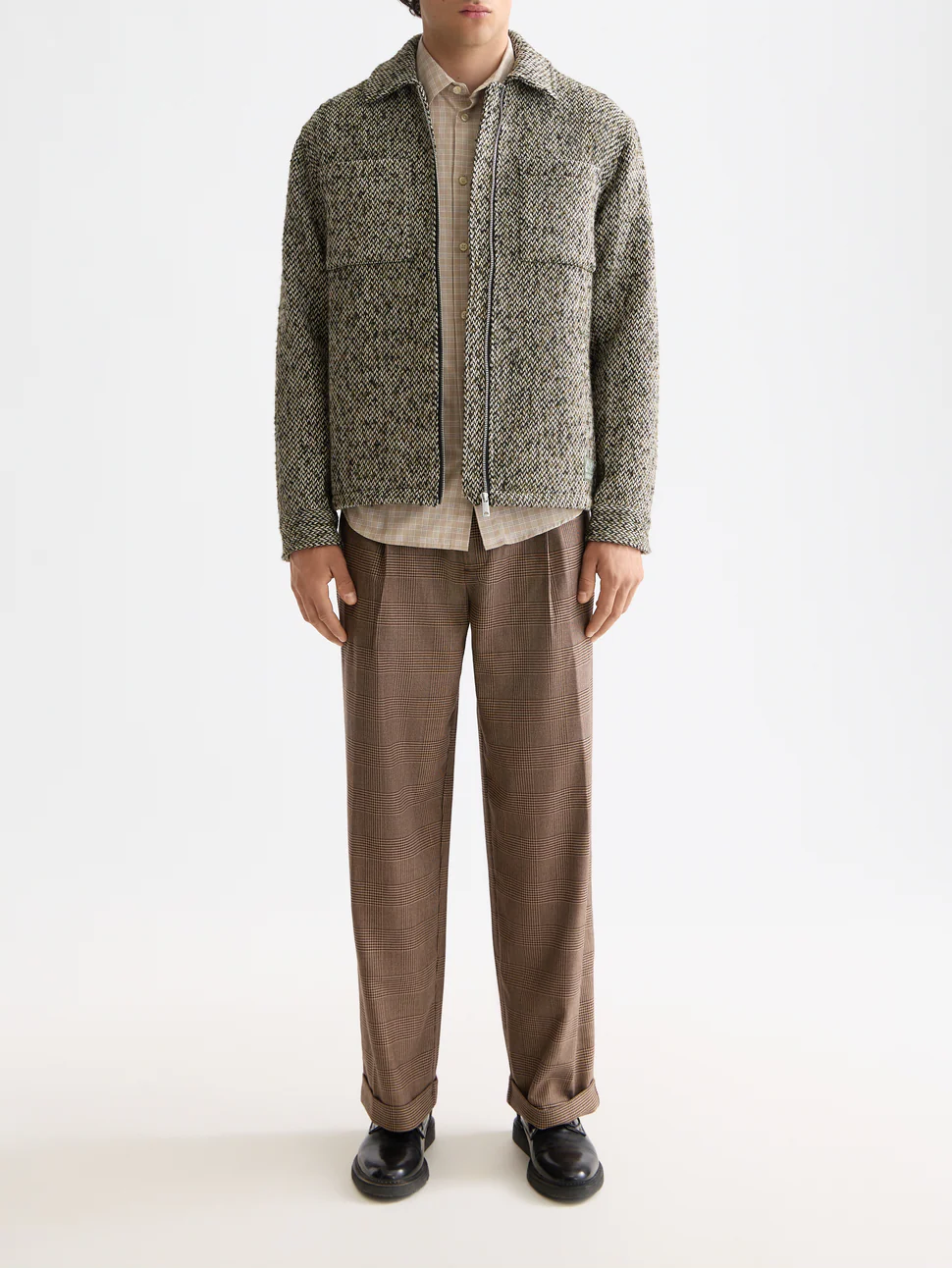 Checkered wool-blend pleated baggy chino