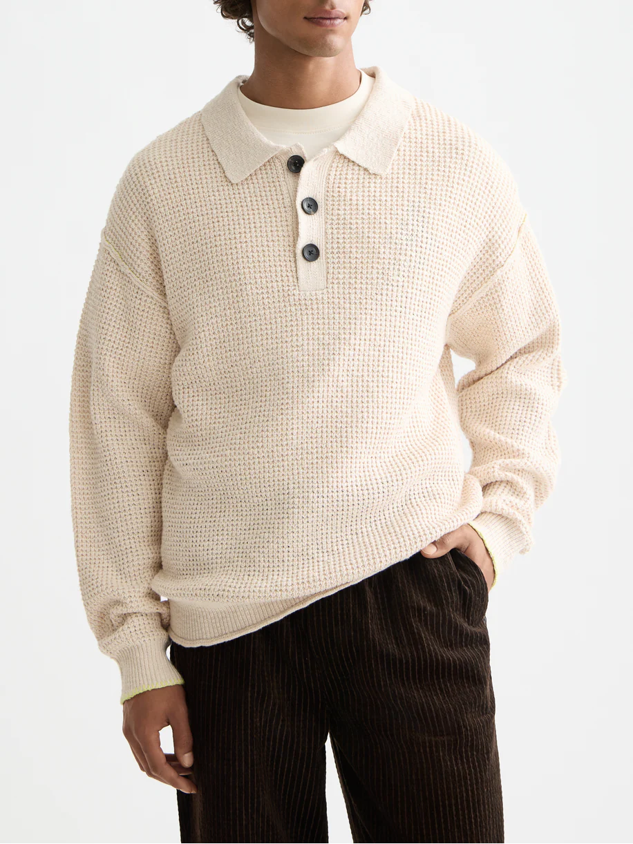 Waffle dropped shoulder long sleeve polo