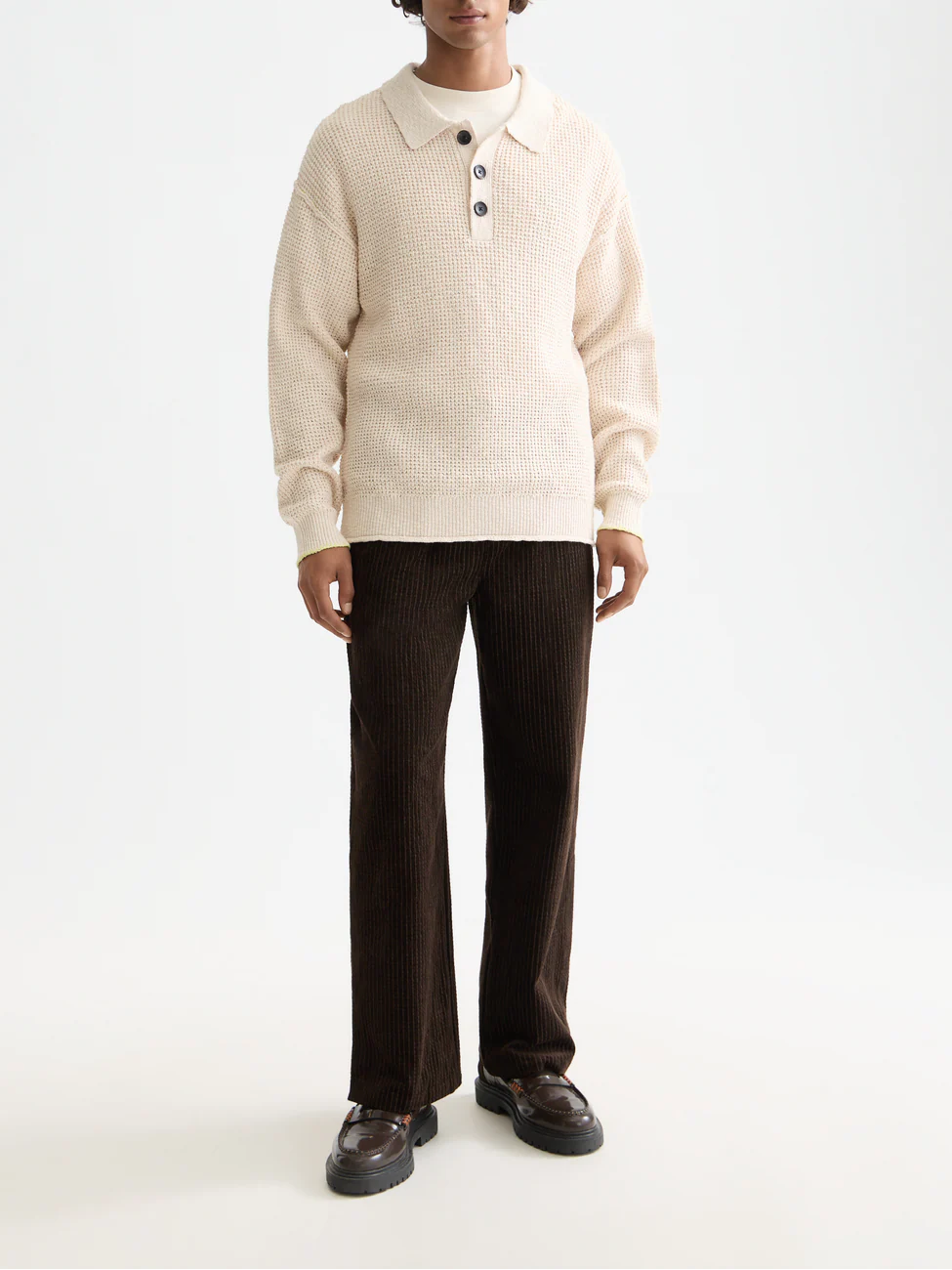 Waffle dropped shoulder long sleeve polo - Image 2