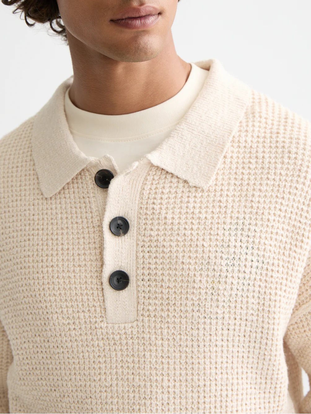 Waffle dropped shoulder long sleeve polo - Image 3