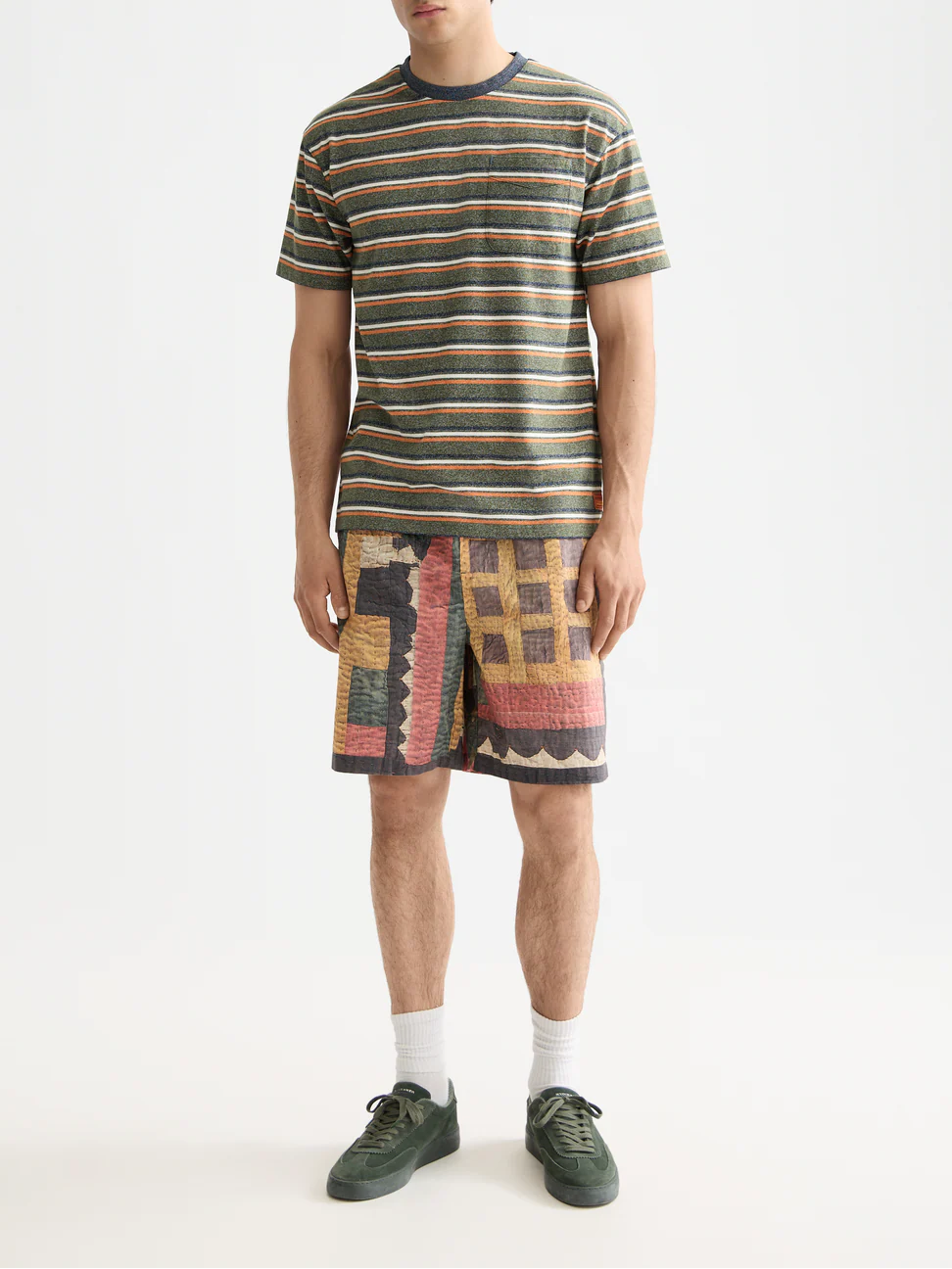 Printed patchwork cotton-poplin loose bermuda