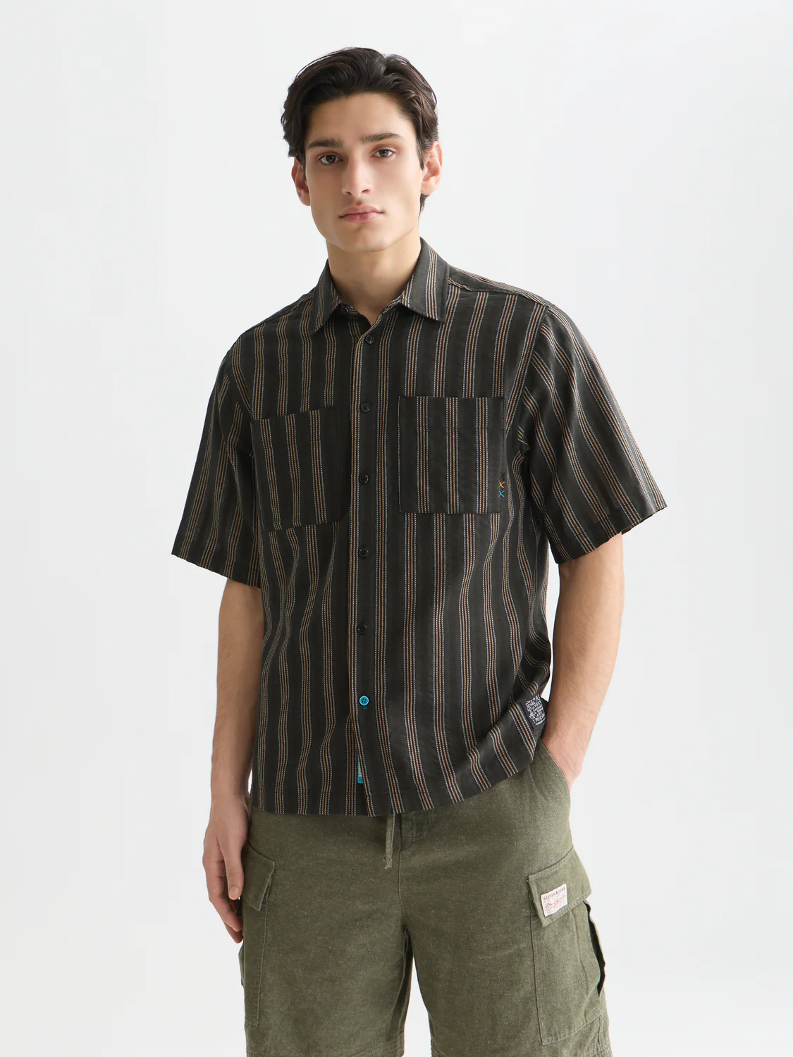 Structured stripe relaxed short sleeve shirt
