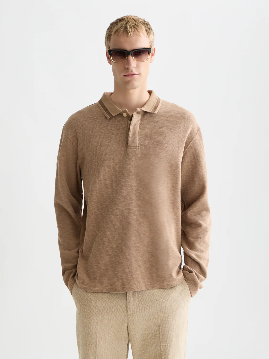 Structured relaxed long sleeve polo