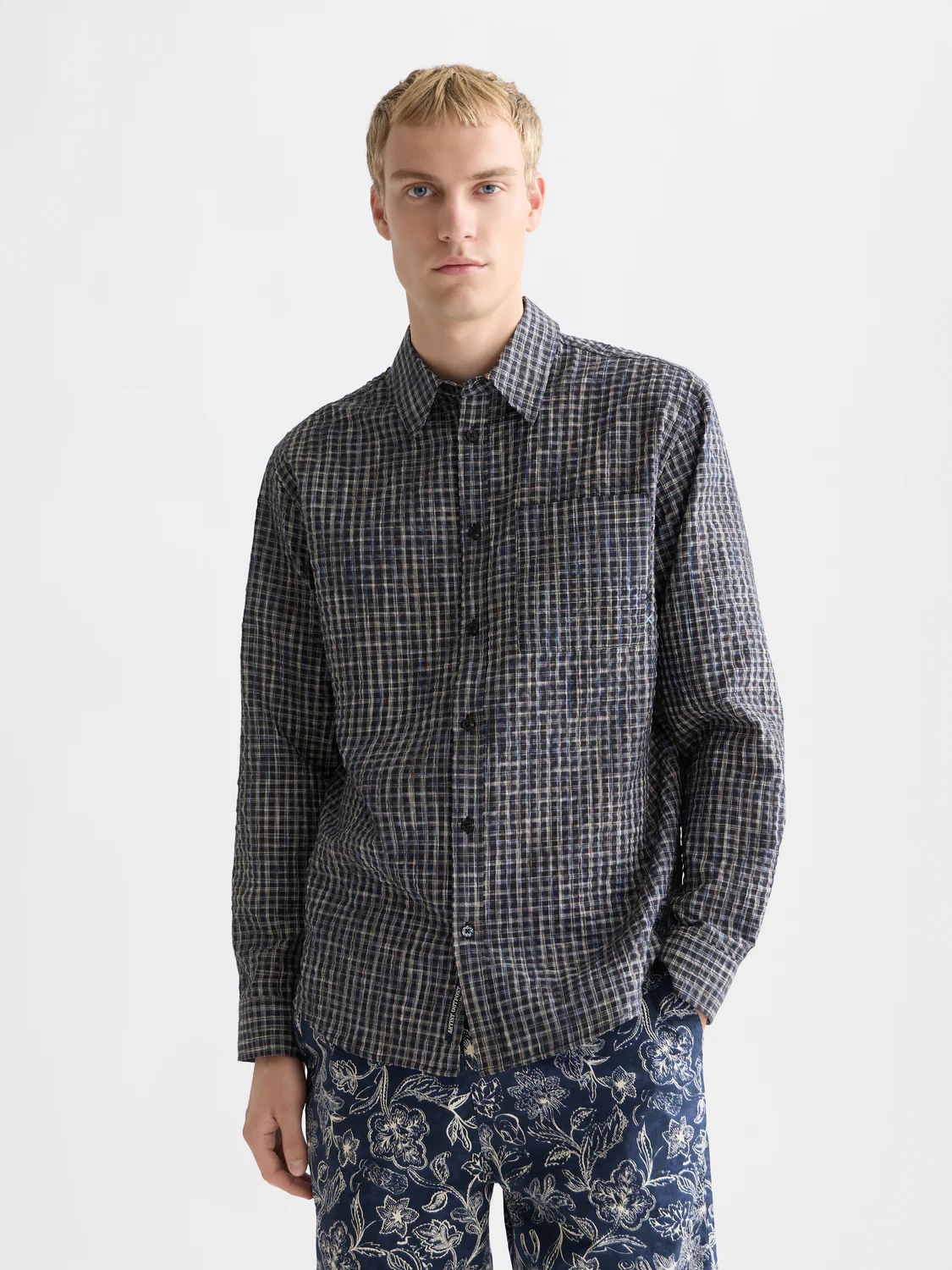 Seersucker micro-check relaxed shirt
