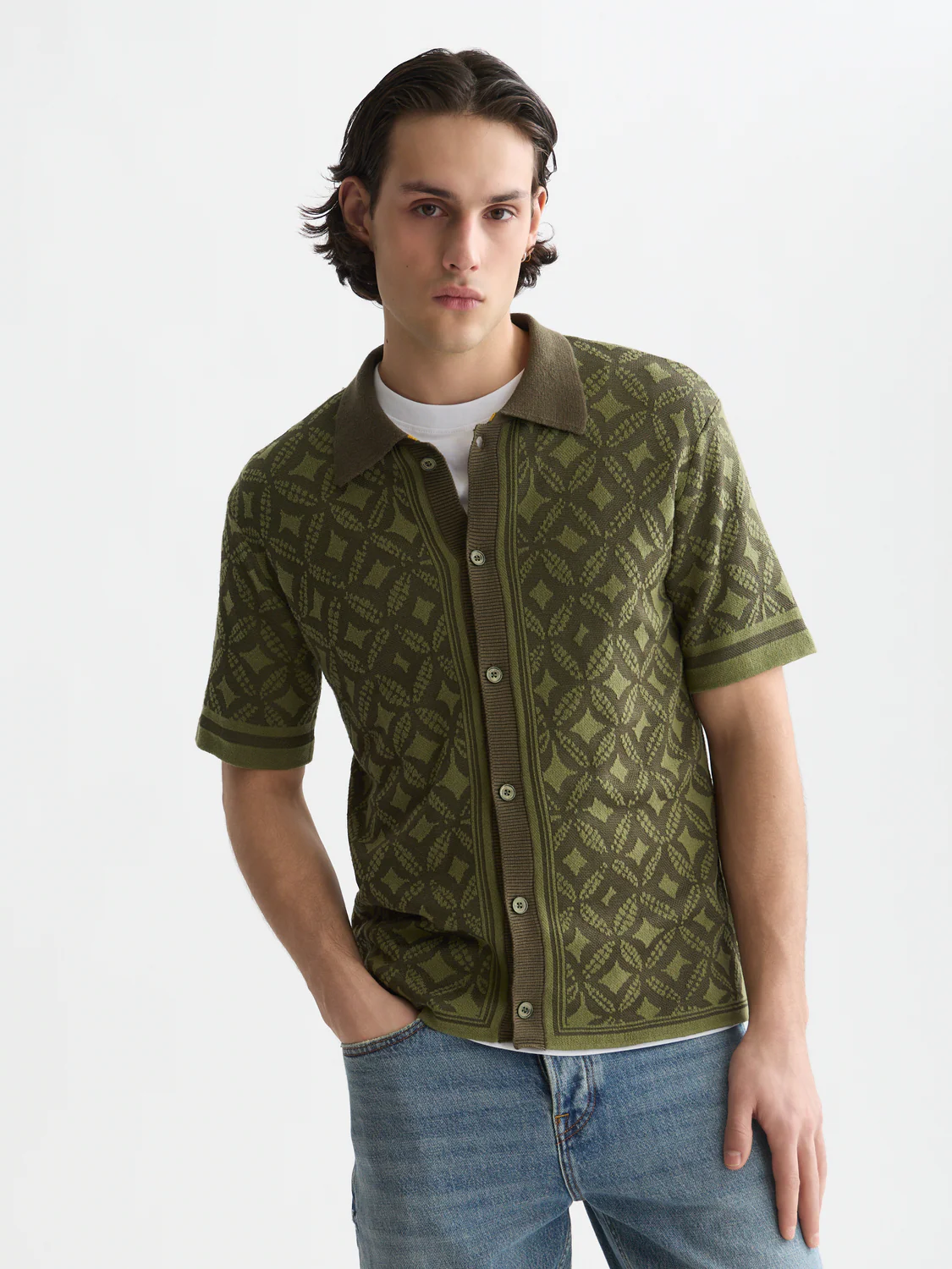 Jacquard knitted short-sleeved shirt