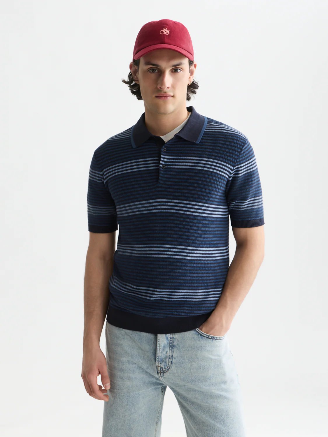 Striped structured knitted regular-fit polo