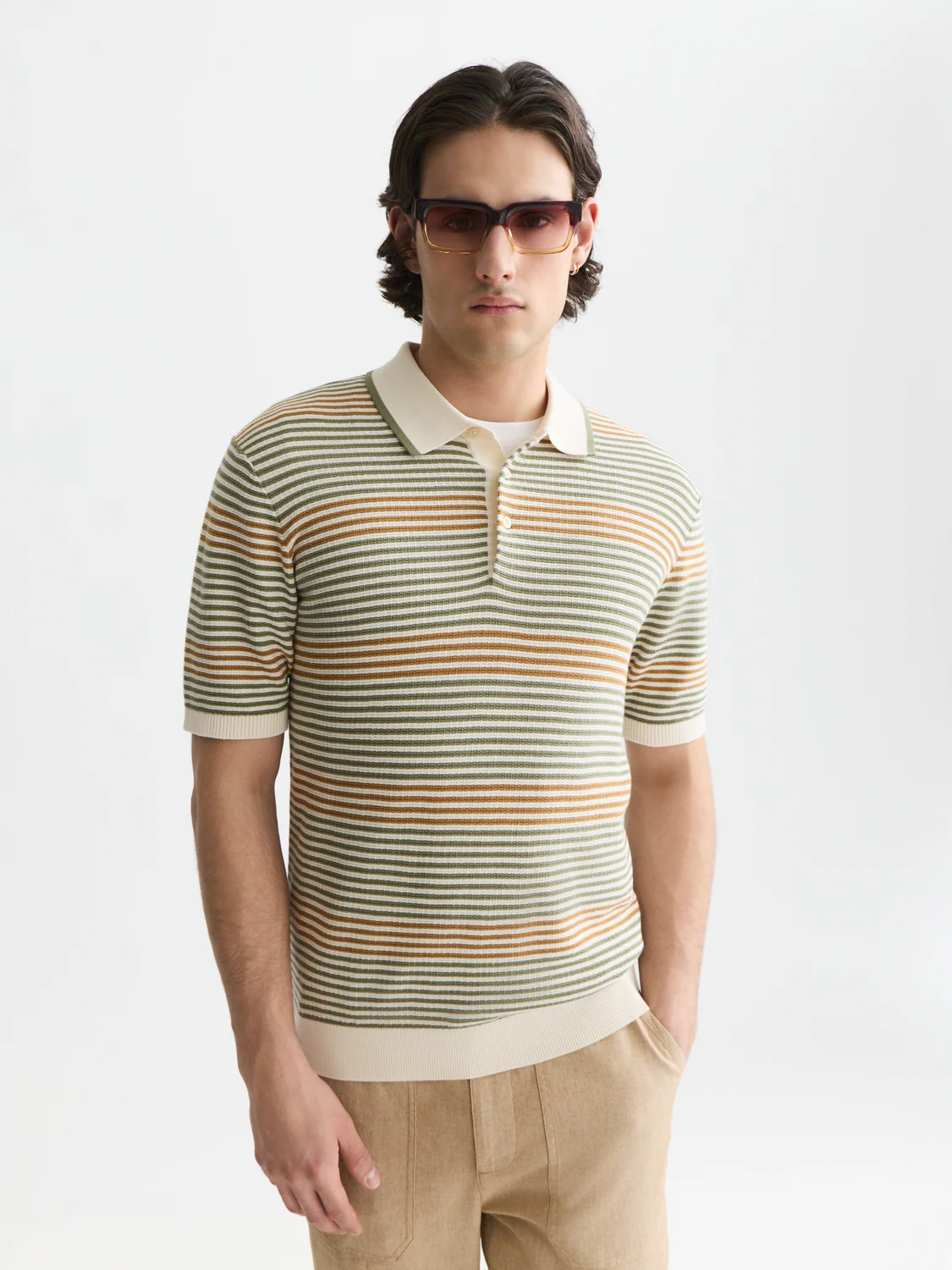 Striped structured knitted regular-fit polo - Image 15