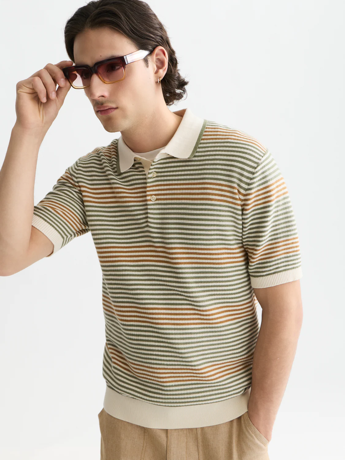 Striped structured knitted regular-fit polo - Image 17