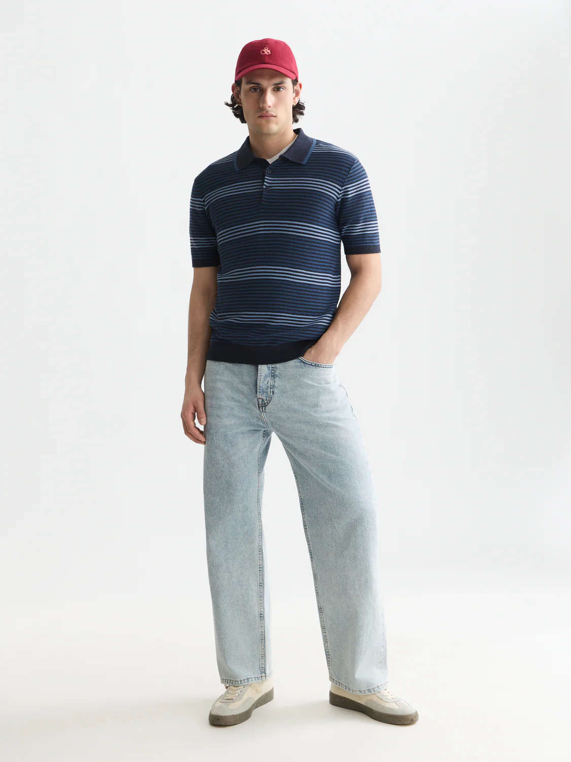 Striped structured knitted regular-fit polo - Image 2