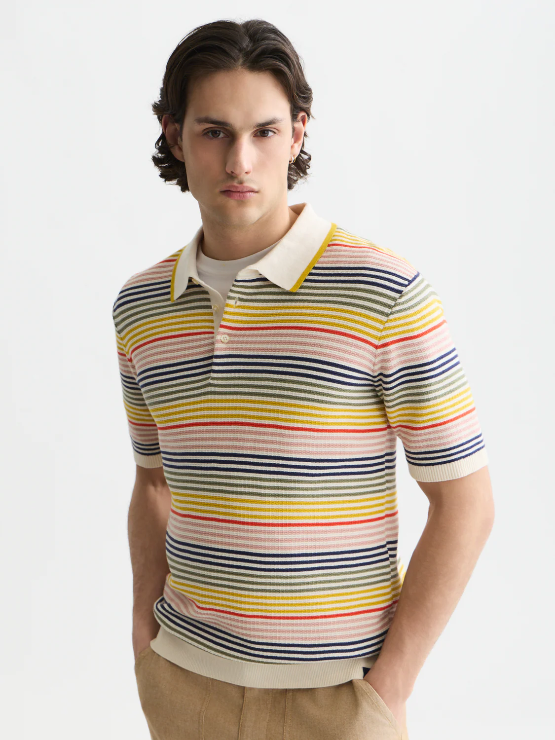 Striped structured knitted regular-fit polo - Image 8