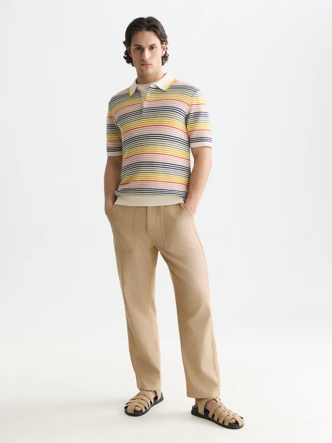Striped structured knitted regular-fit polo - Image 9