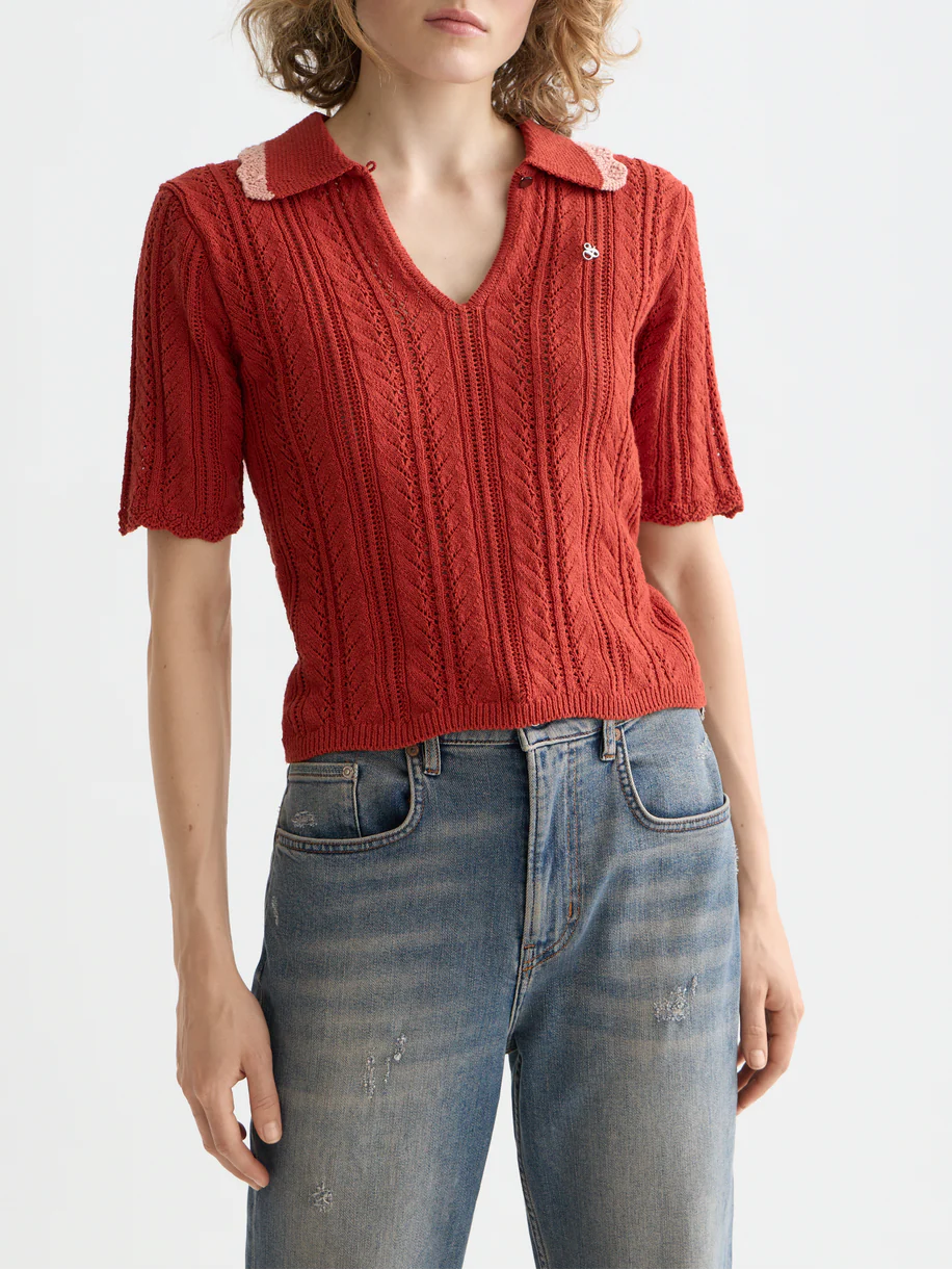 Pointelle collared knitted polo