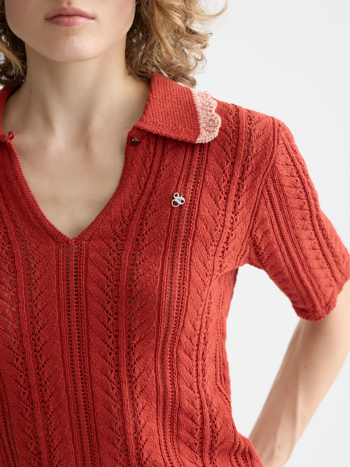 Pointelle collared knitted polo - Image 3