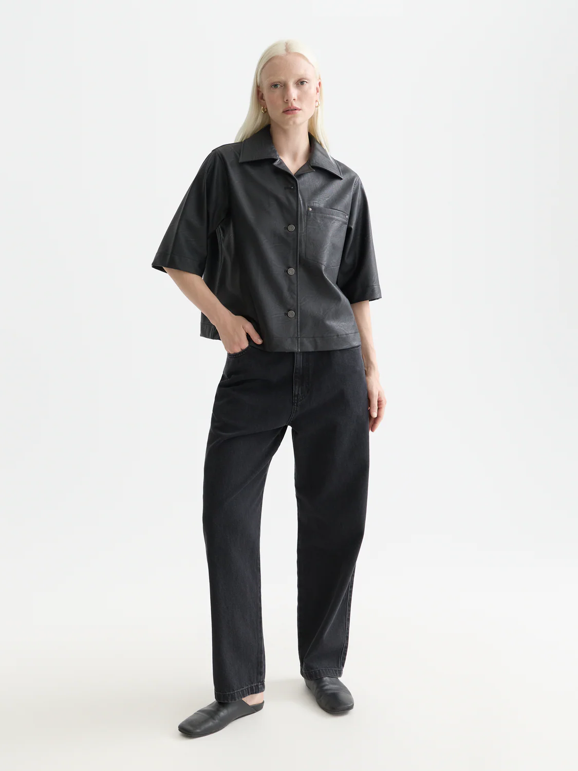 Faux leather a-line sleeve shirt - Image 2