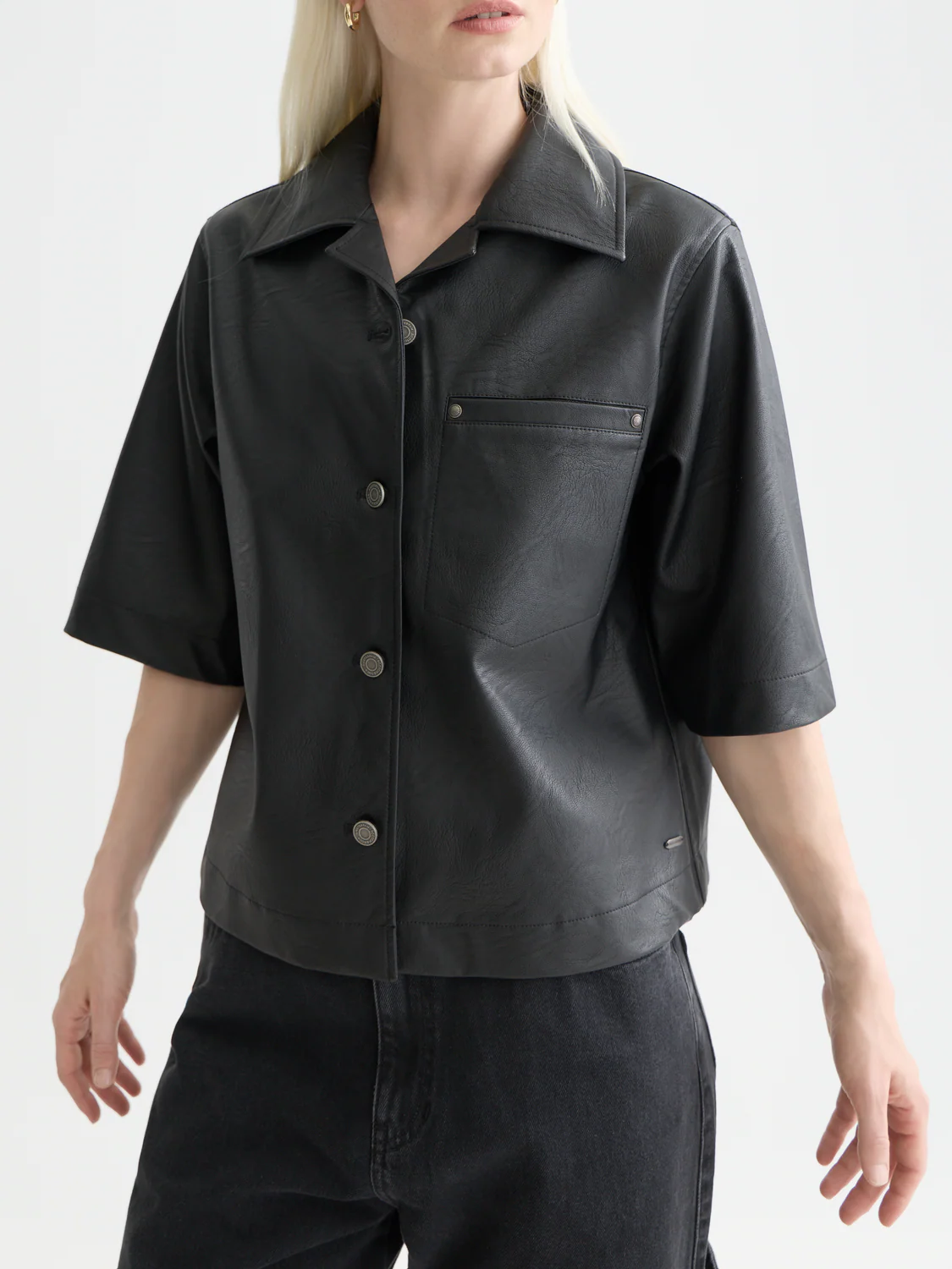 Faux leather a-line sleeve shirt - Image 3