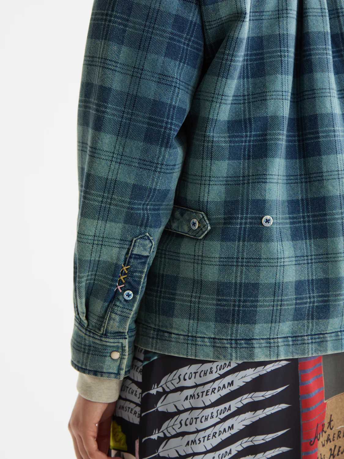 Washed denim checked overshirt - Image 3