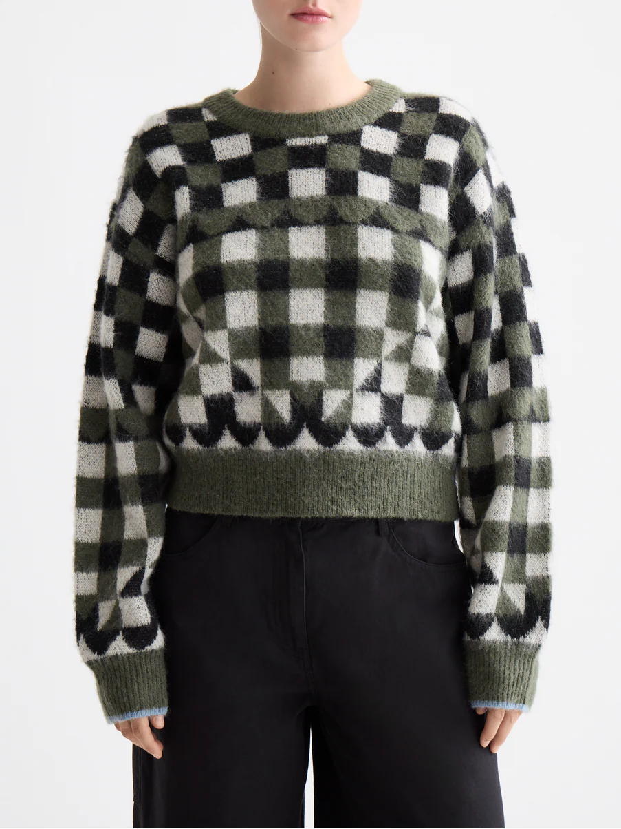 Fuzzy jacquard pullover