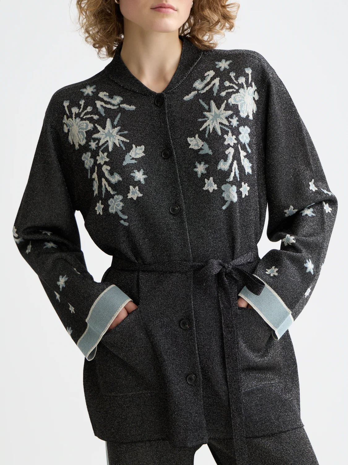 Jacquard belted knitted jacket - Image 3