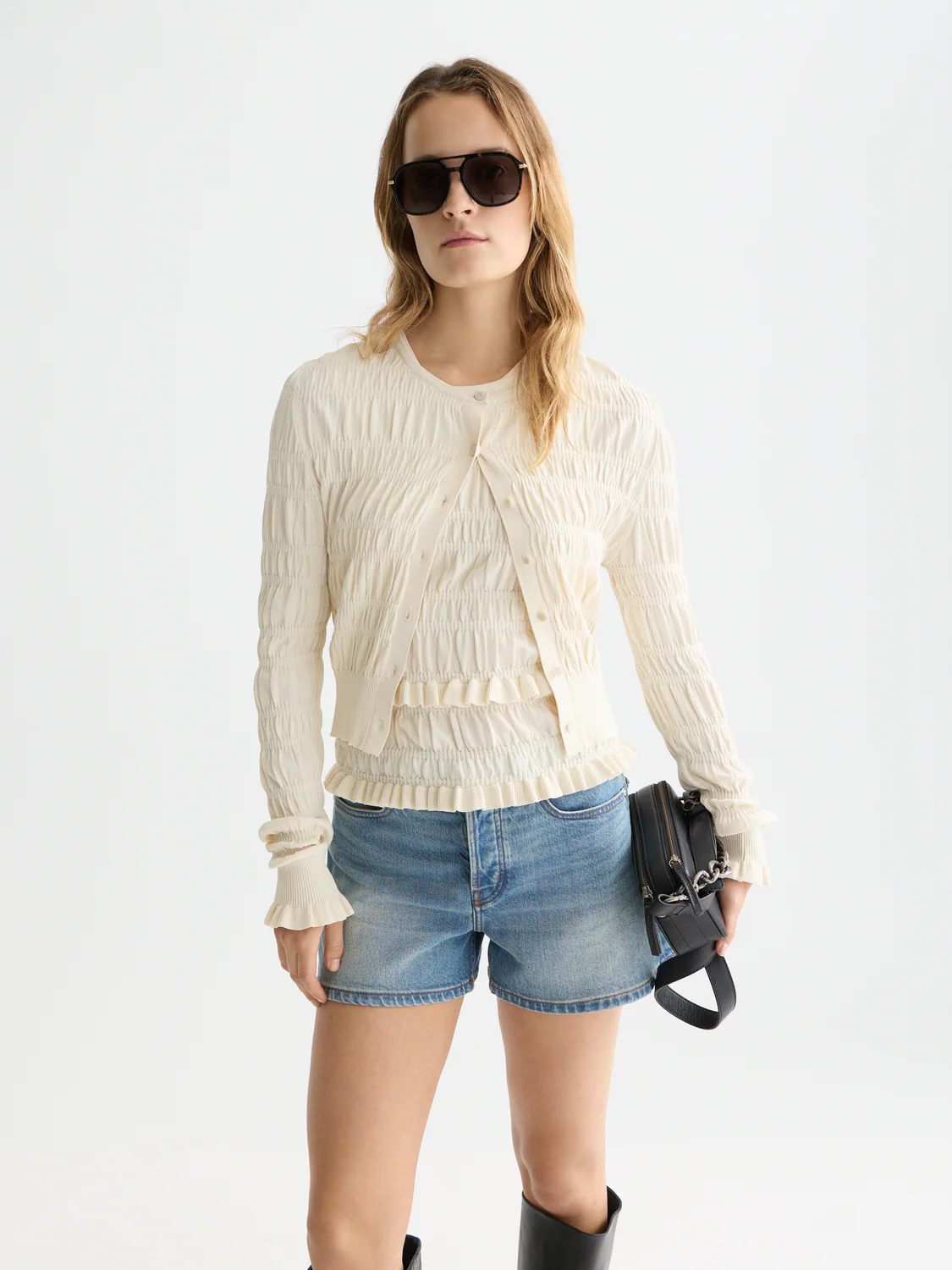 Smock stitch crew neck cardigan