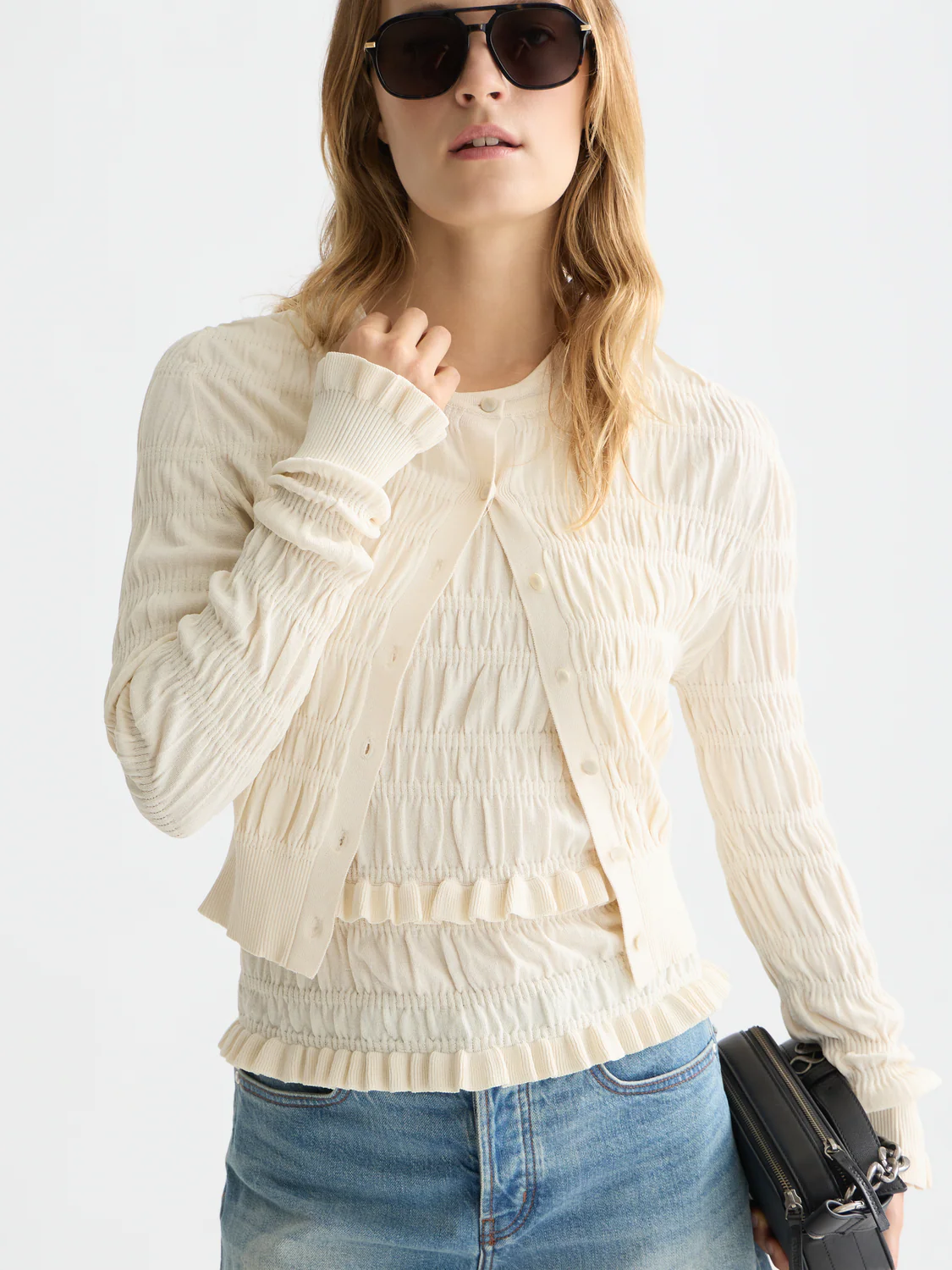 Smock stitch crew neck cardigan - Image 3