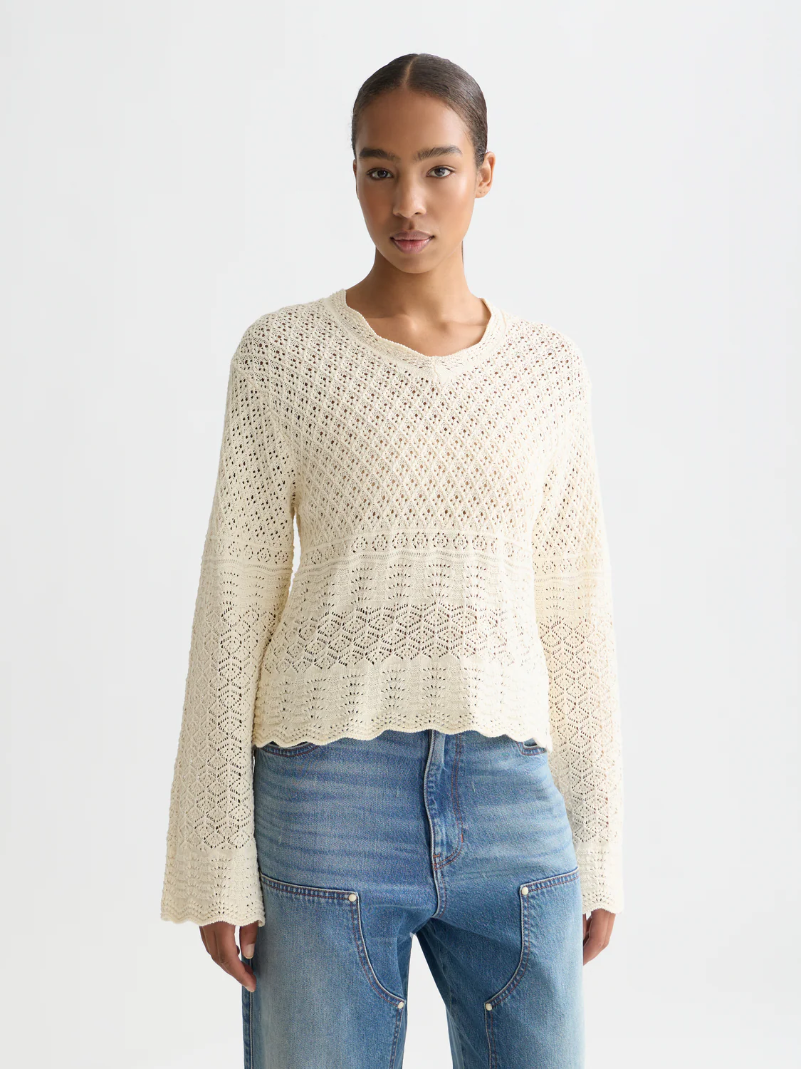 Pointelle stitch V-neck pullover