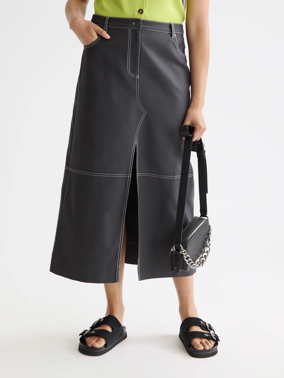 Workwear midi skirt with front slit - Image 2