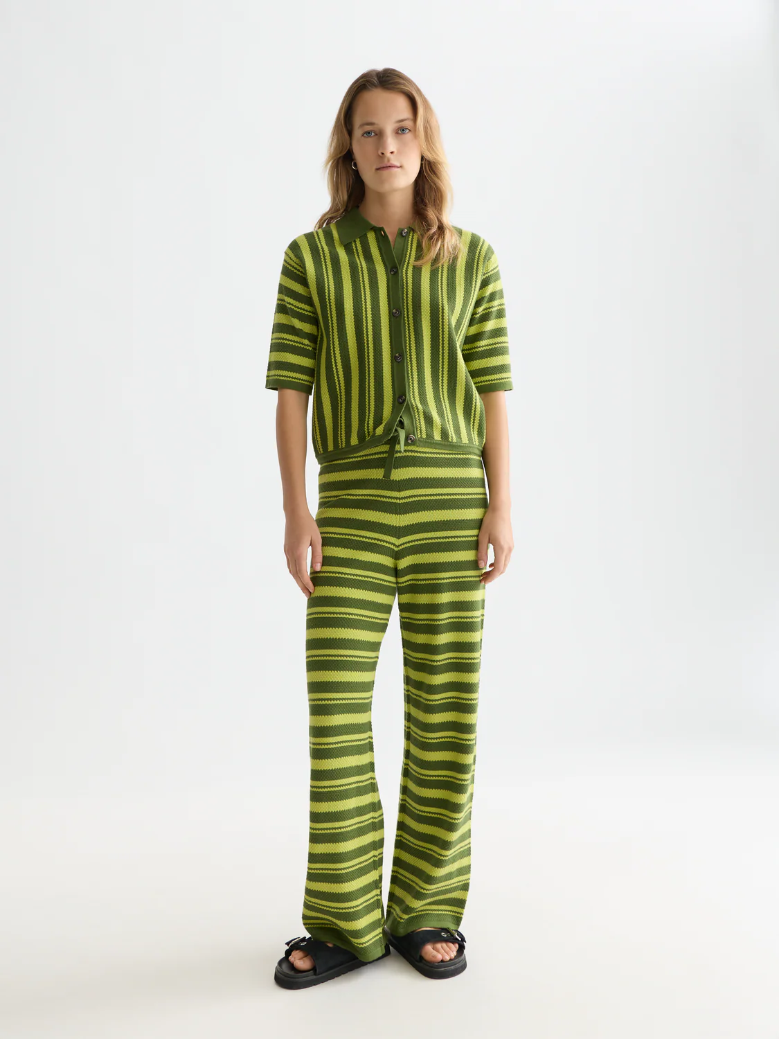 Textured stripe knitted trousers