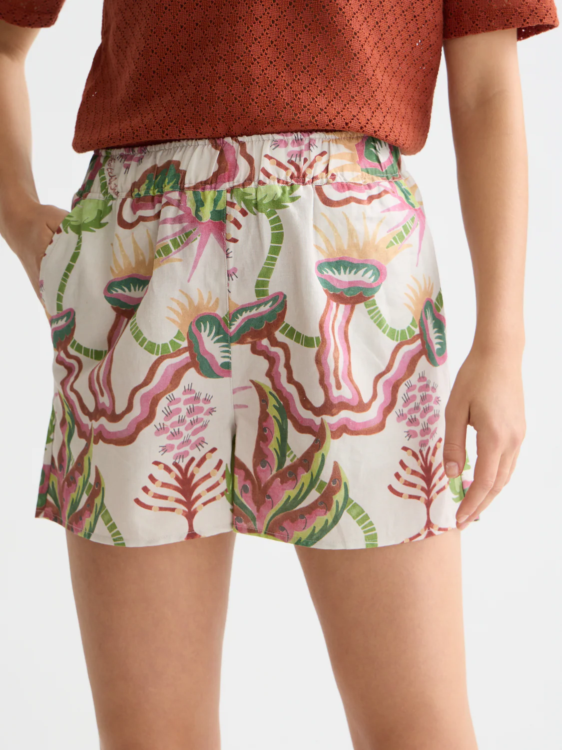 Cotton-linen elastic waist shorts - Image 3