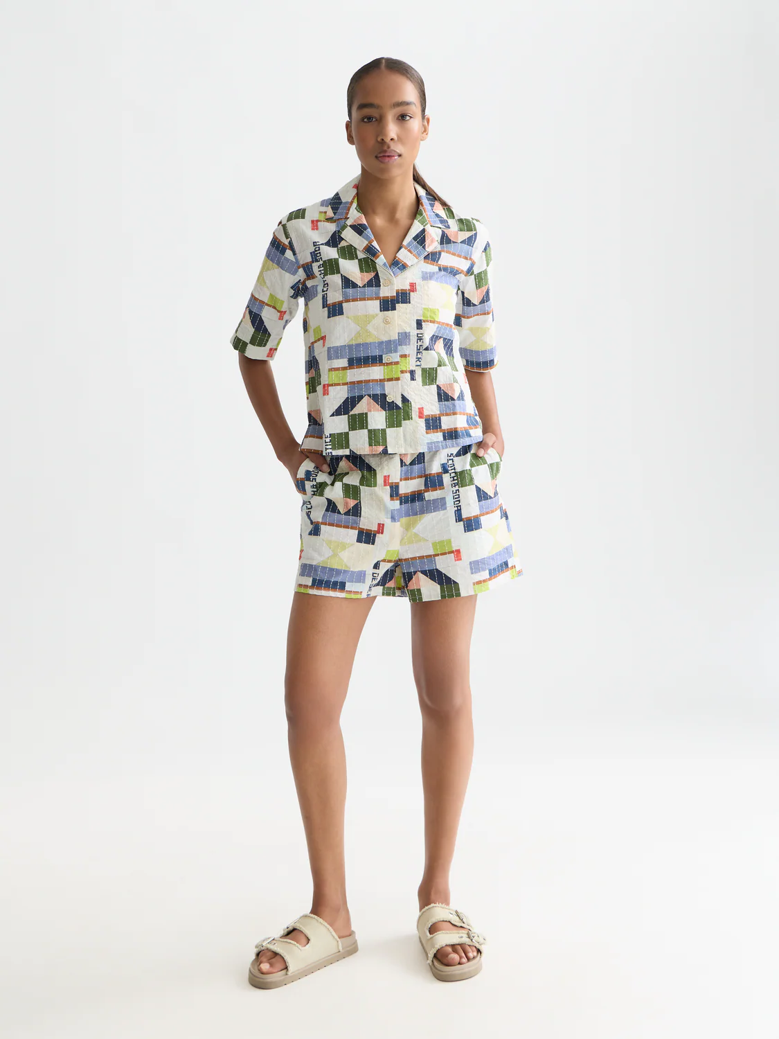 Printed and stich-embroidered shorts