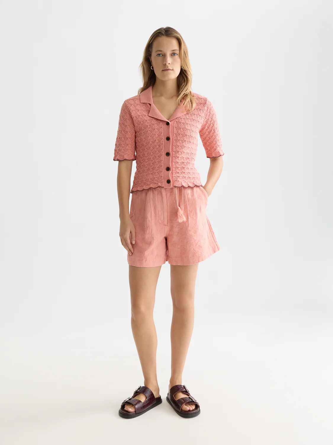 Jacquard structured high rise shorts